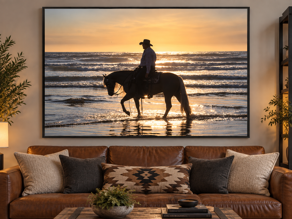 Cowboy on Beach Matte Poster — Silhouette Horse Wall Art