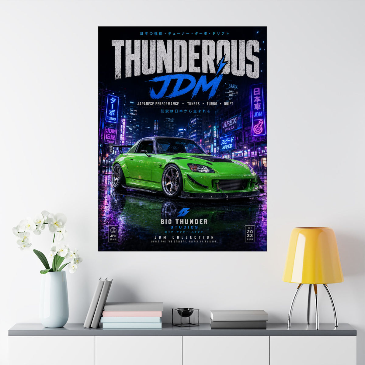 JDM Thunderous Matte Poster — Neon Night Green Sports Car Print