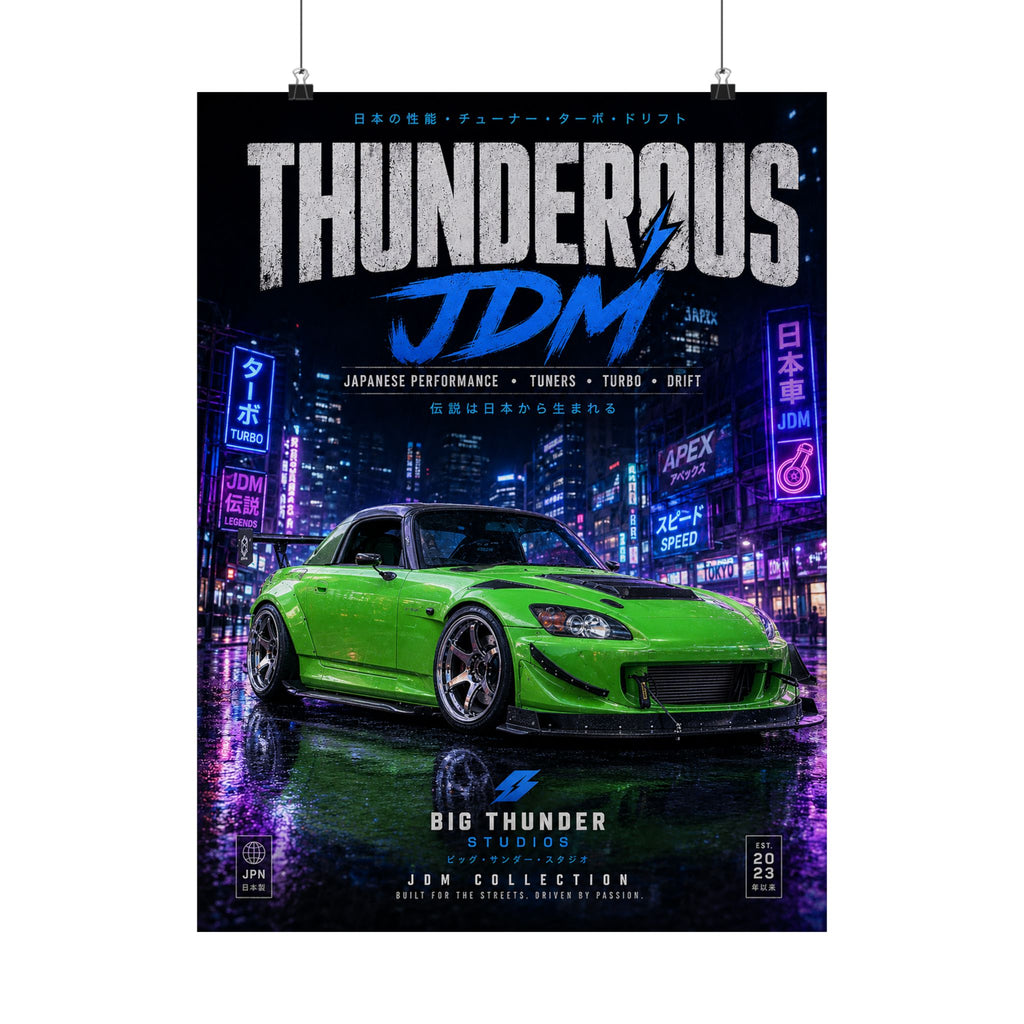 JDM Thunderous Matte Poster — Neon Night Green Sports Car Print