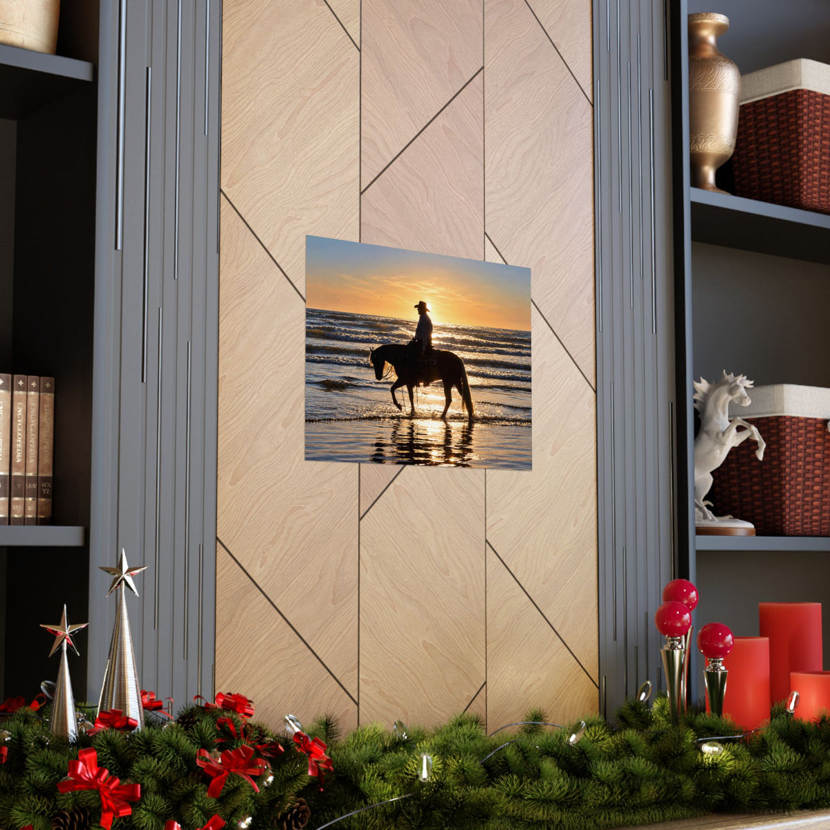 Cowboy on Beach Matte Poster — Silhouette Horse Wall Art