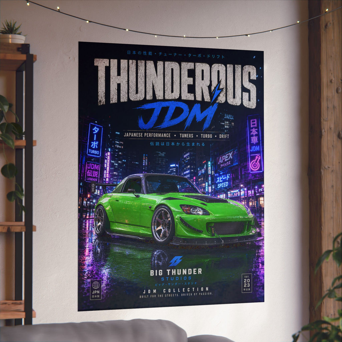 JDM Thunderous Matte Poster — Neon Night Green Sports Car Print