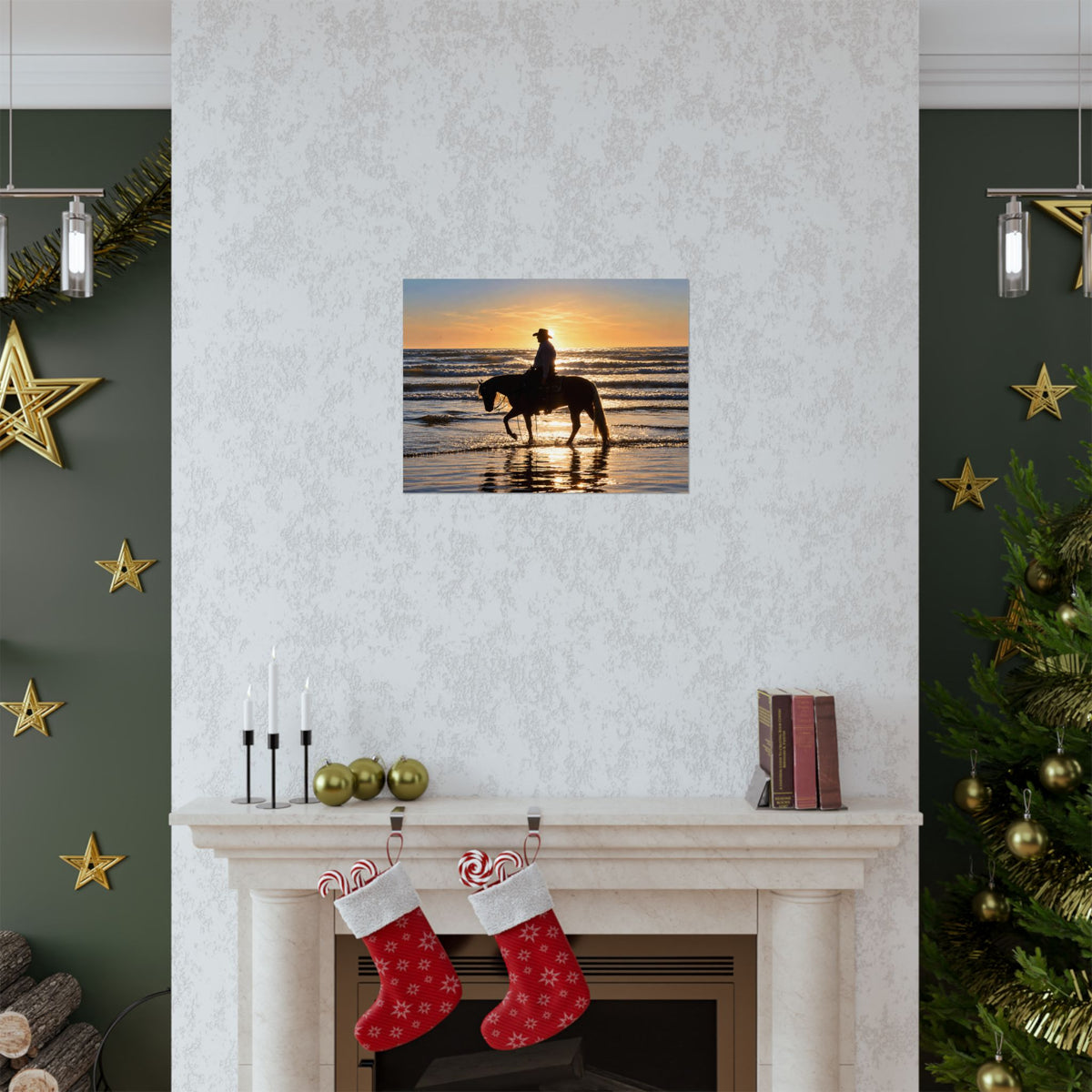 Cowboy on Beach Matte Poster — Silhouette Horse Wall Art