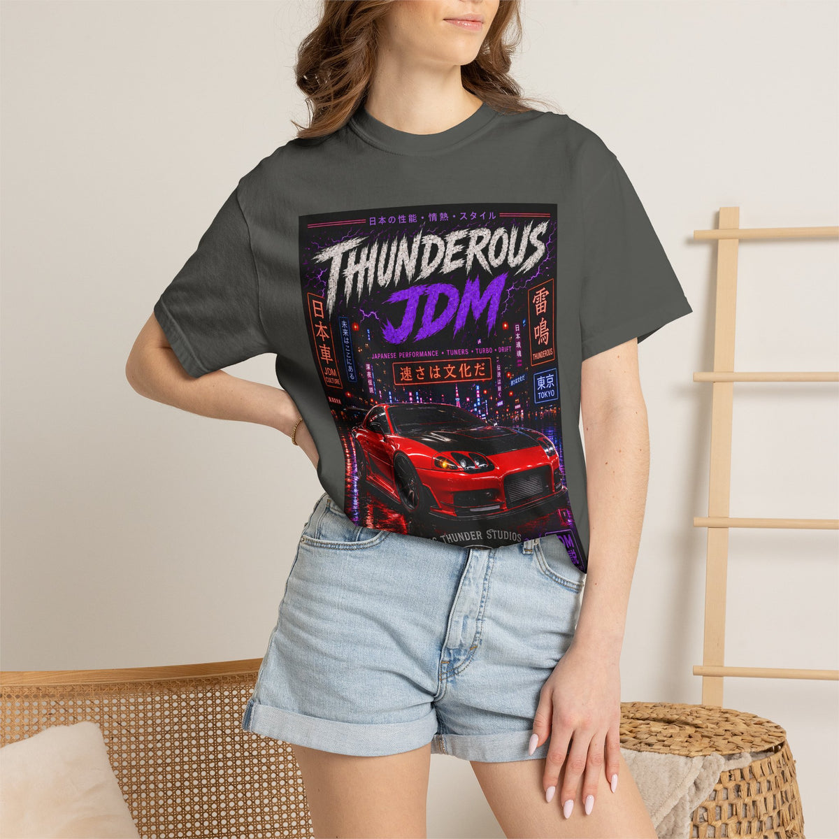 Thunderous JDM Tee — Neon Night Skyline Sports Car T-Shirt