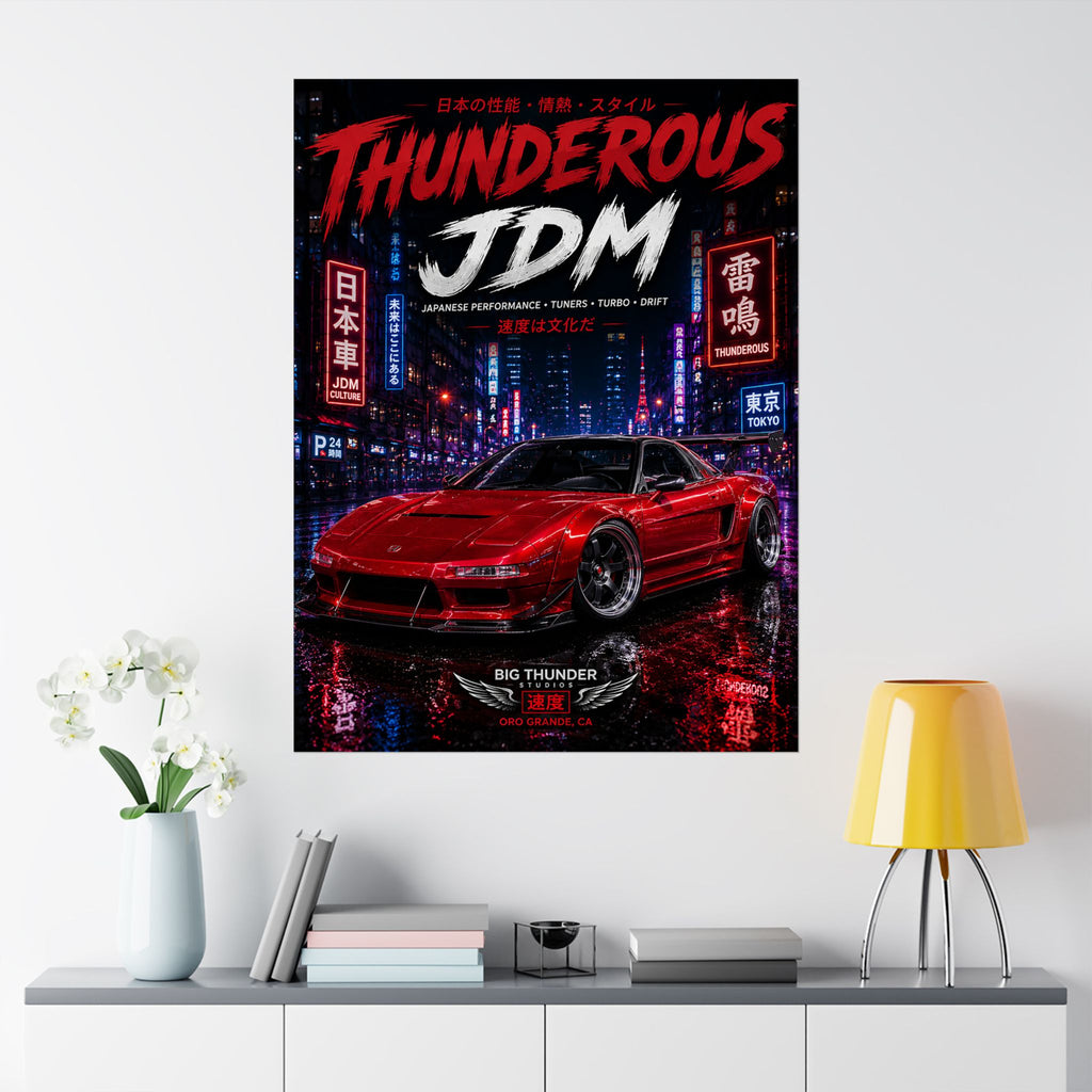 Thunderous JDM Poster — Red Retro Nissan Sports Car Matte Vertical Print