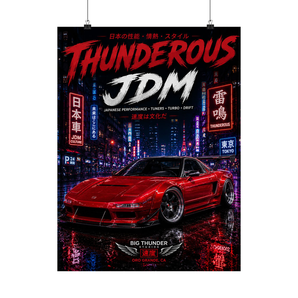 Thunderous JDM Poster — Red Retro Nissan Sports Car Matte Vertical Print