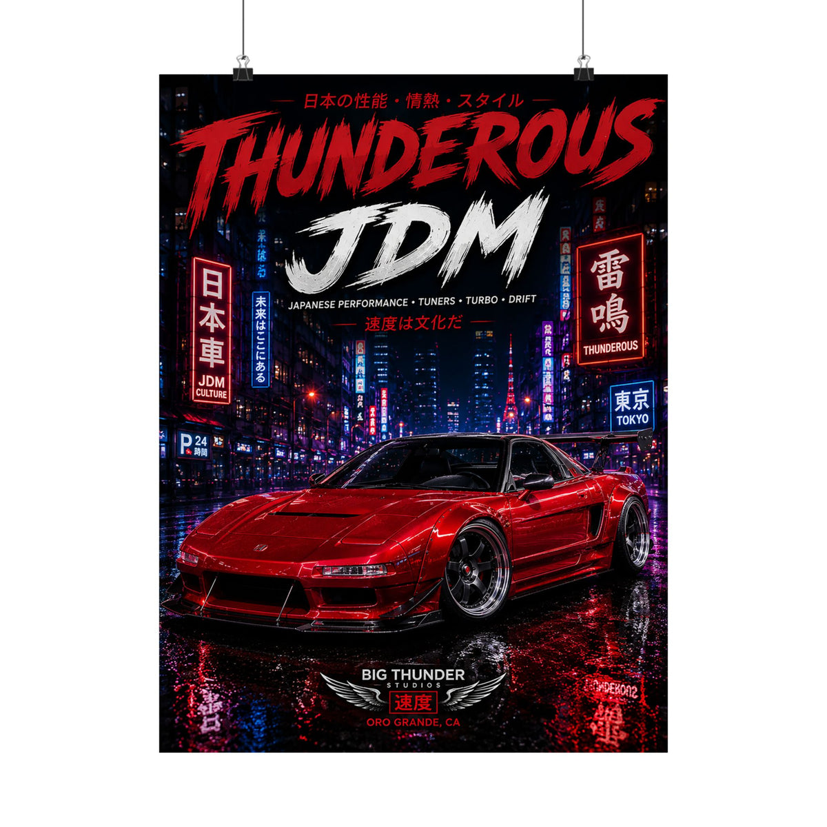 Thunderous JDM Poster — Red Retro Nissan Sports Car Matte Vertical Print