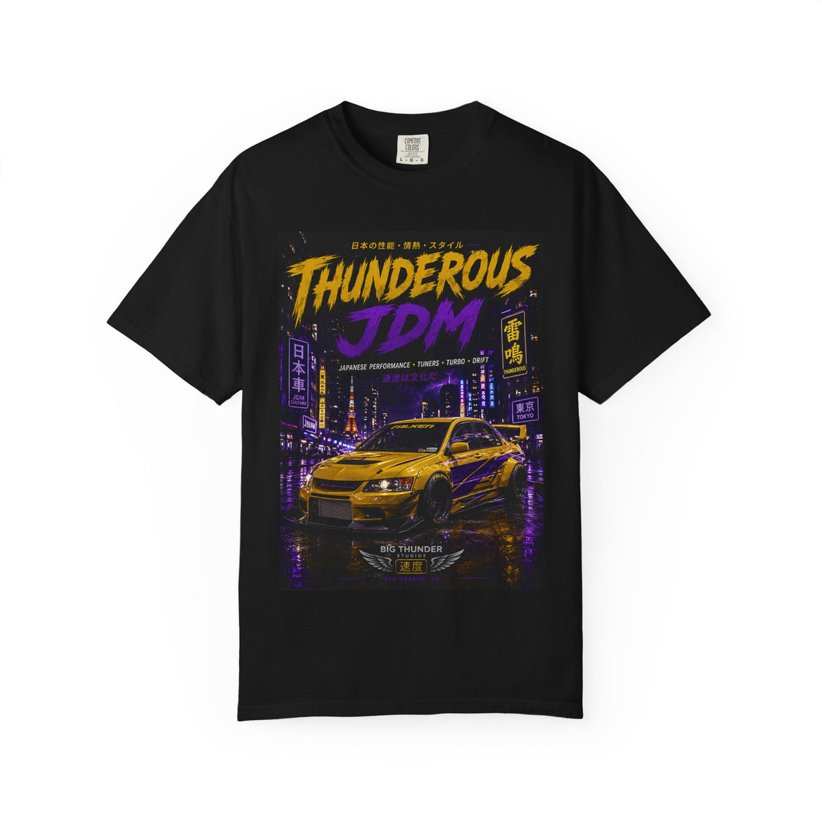 Thunderous JDM Racing T-Shirt — Neon Night Skyline Car Graphic